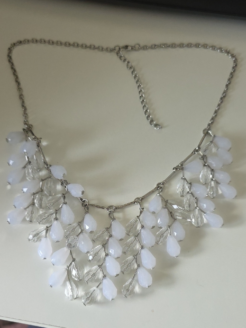 Elegant White & Clear Teardrop Statement Necklace
